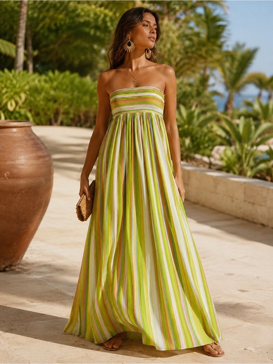 Calypso St. Barth Dresses & Skirts - Calypso St Barth Women XS Silk Strapless Maxi Dress Luxury Striped Smocked Boho